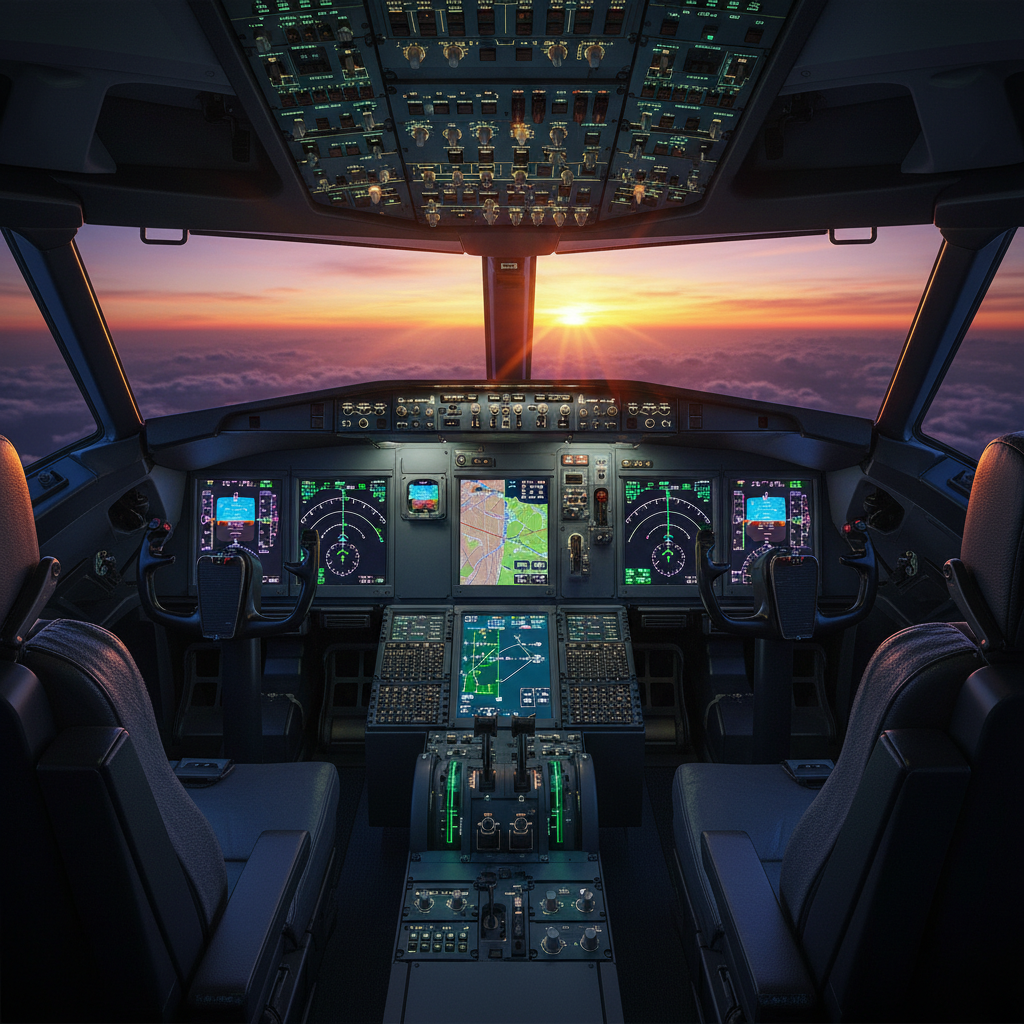 Modern glass cockpit in a commercial airliner with glowing digital flight displays at sunset