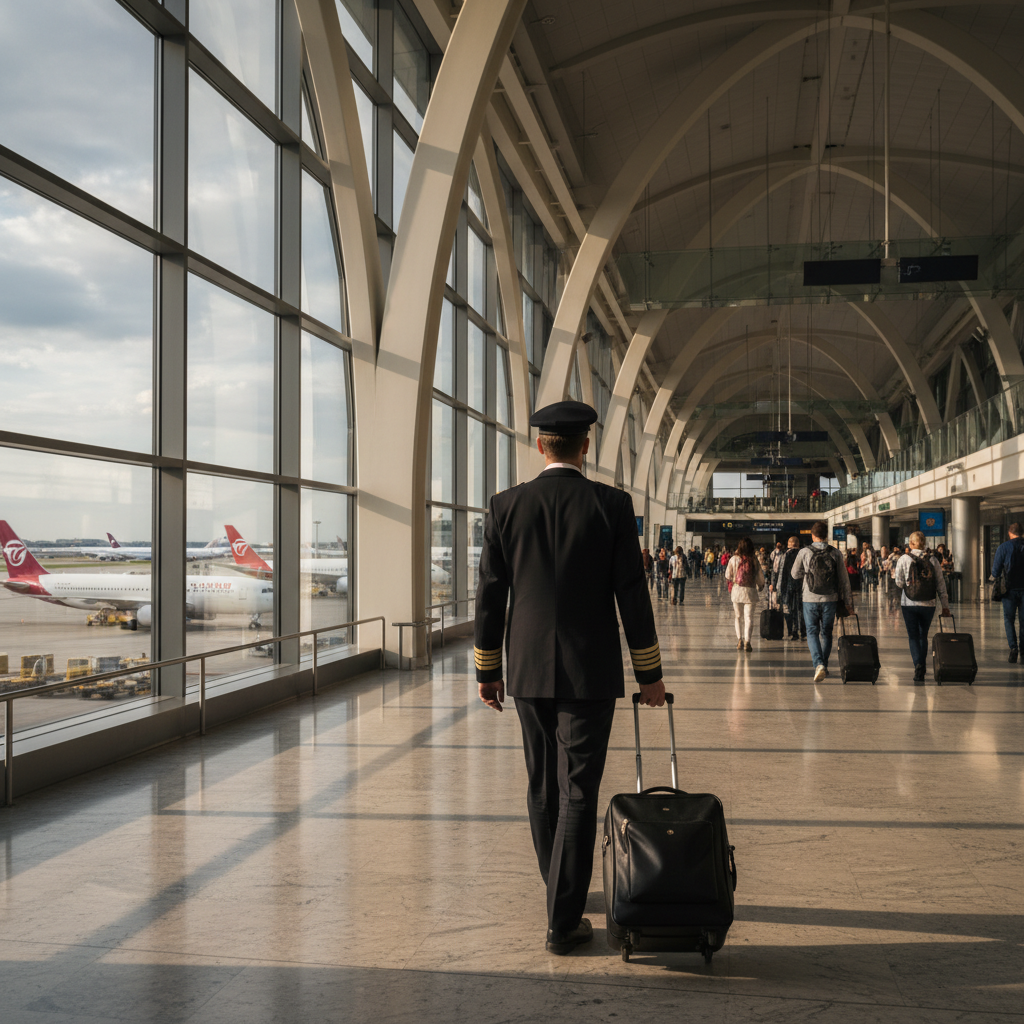 Airline captain in uniform walking through an airport terminal with aircraft visible through the windows