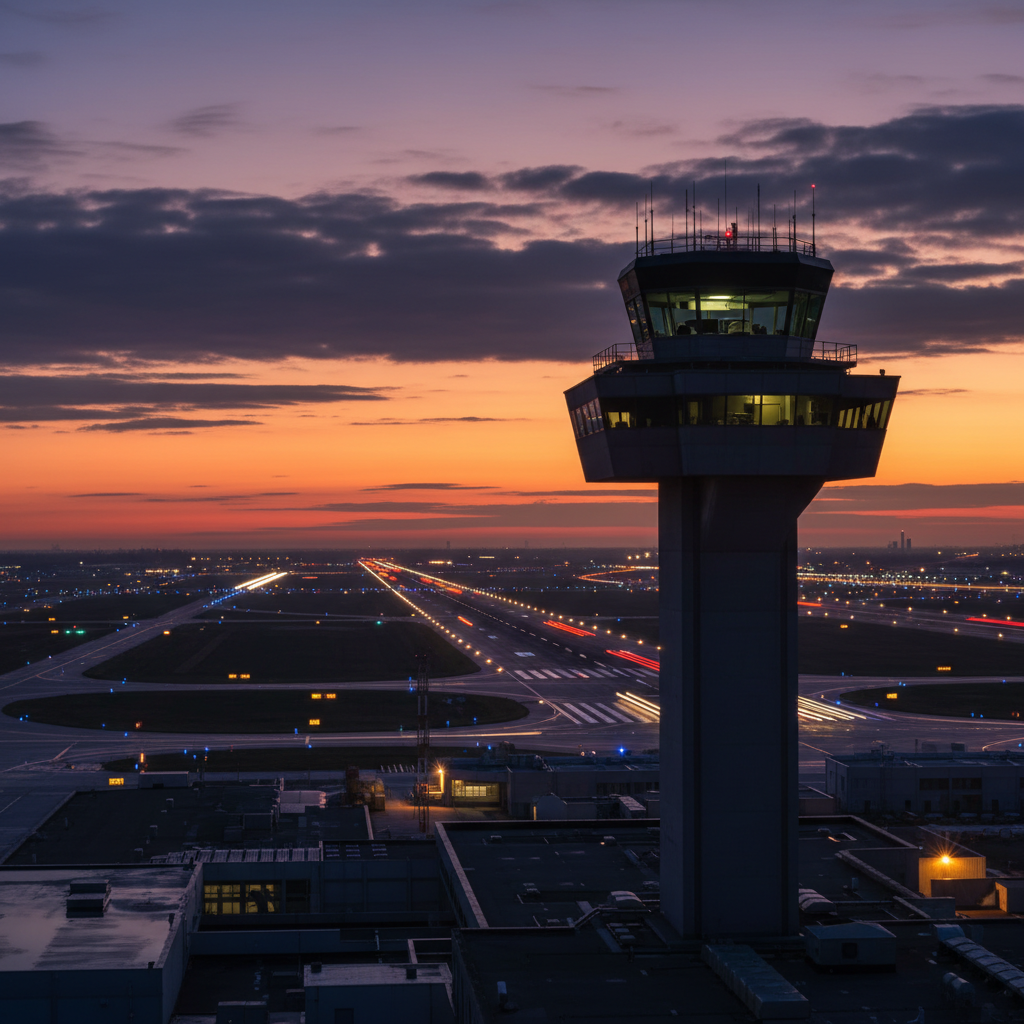 Airport air traffic control tower at dusk with illuminated runways in the background