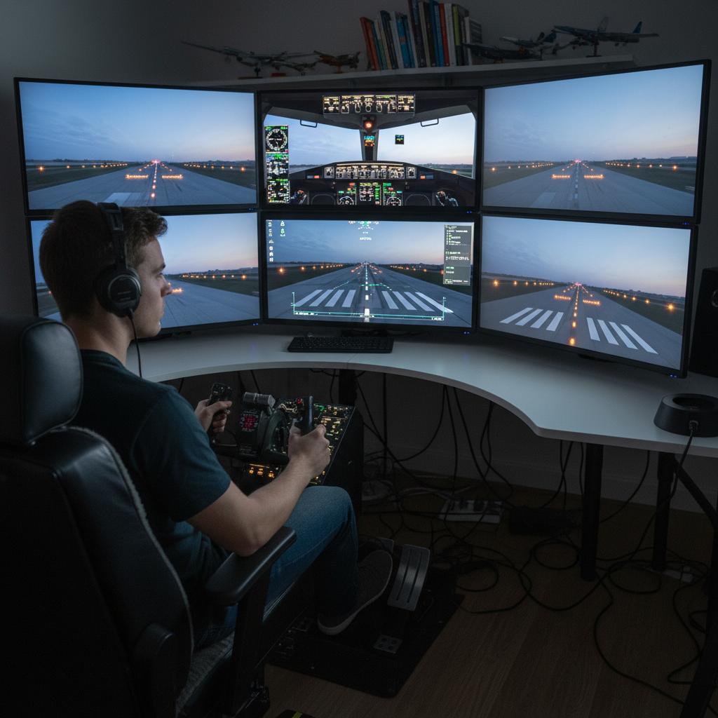 Student pilot practicing on a multi-monitor home flight simulator setup with yoke and throttle controls