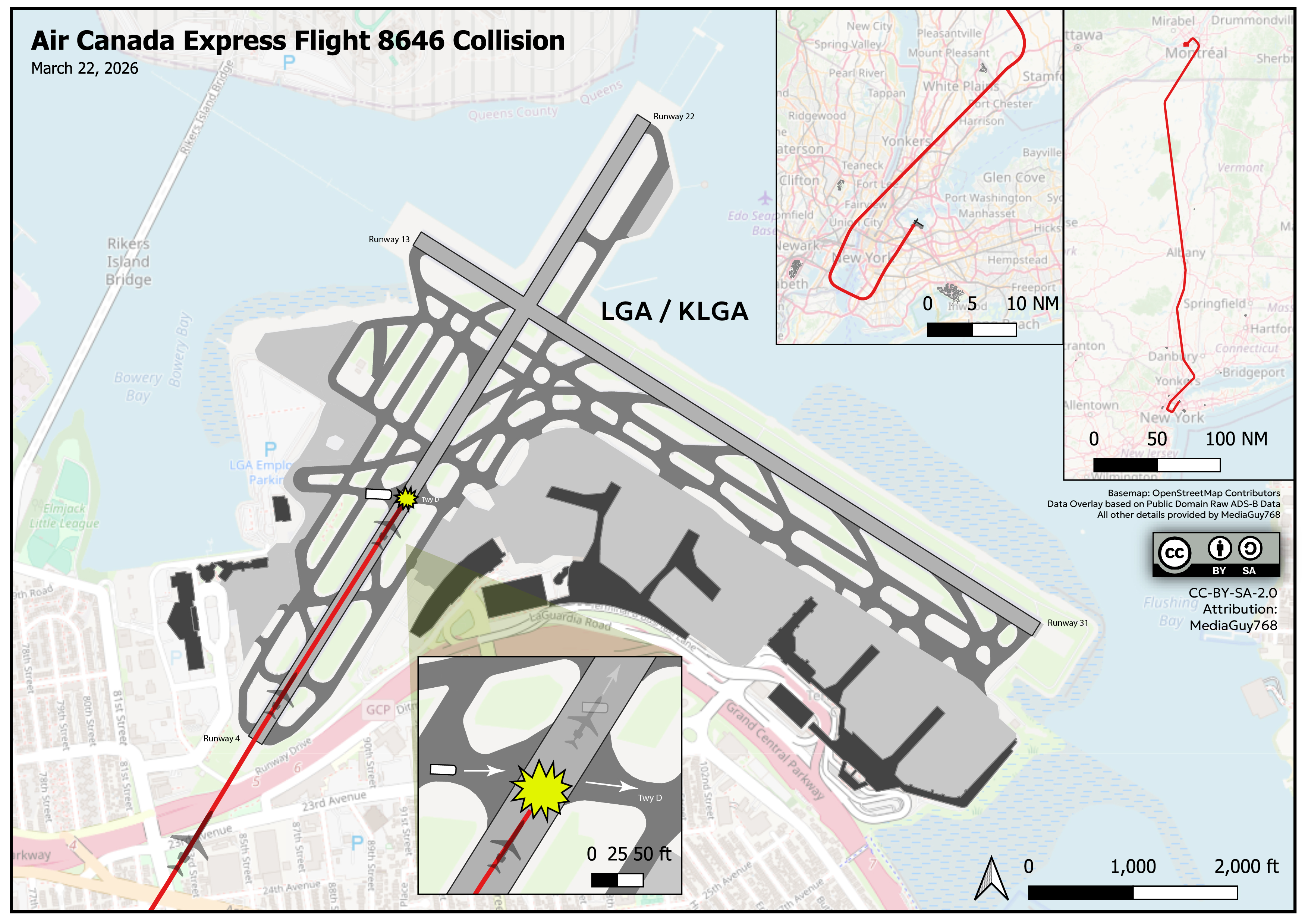 Diagram showing the collision point of Air Canada Express Flight 8646 on Runway 4 at LaGuardia Airport