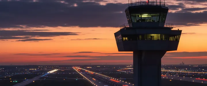 Control tower at dusk above a lit runway